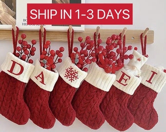 Initial Christmas Stocking | Mini Letter Embroidered Stocking Ornament | with Red Knitted Rope and Flannel Inside