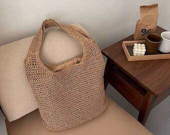 Handwoven Straw Beach Bag | Straw Tote Bag with Zipper | Woven Shoulder Bag | BROWN