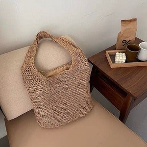 Handwoven Straw Beach Bag | Straw Tote Bag with Zipper | Woven Shoulder Bag | BROWN