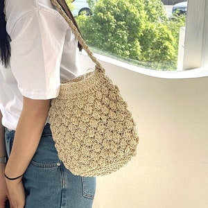 Straw Woven Bucket Handbag | Braided Shoulder Bag with Drawstring Pocket | Bucket Purse | BEIGE