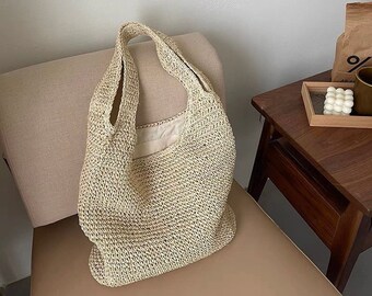 Handwoven Beach Bag | Straw Woven Shoulder Bag with Zipper | BEIGE