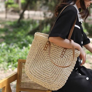 Rattan Woven Beach Tote Bag | Large Capacity Woven Bag with Zipper | Beige