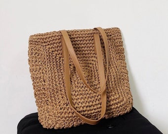 Rattan Beach Tote Bag | Large Capacity Woven Bag with Zipper | Brown