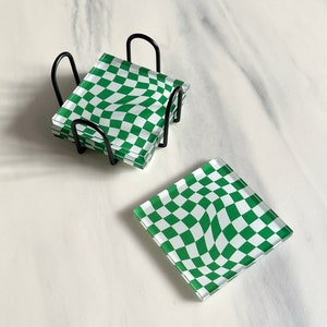 Green Acrylic Checkered Coaster | Modern Square Coaster Set | Housewarming Gift