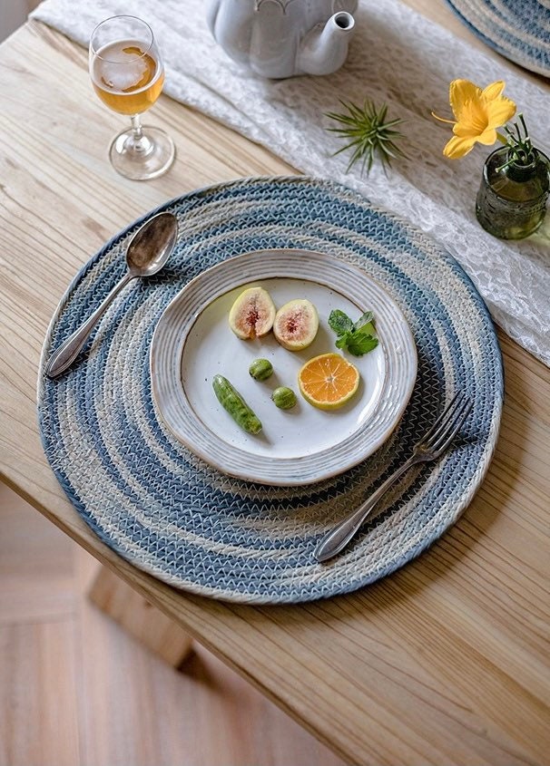 Geometry Blue Placemats Set of 6 - Washable Woven Burlap Cloth Fabric  Placemat for Square/Rectangle/Round/Oval Dining Table,Modern Abstarct Grey  Black