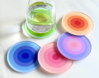 Retro Round Acrylic Coaster | Handmade Drink Coaster Set with Holder | Housewarming Gift | Birthday Gifts