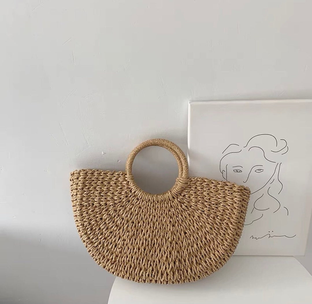 Half Moon Straw Woven Bag With Drawstring Pocket Straw Beach Bag BROWN