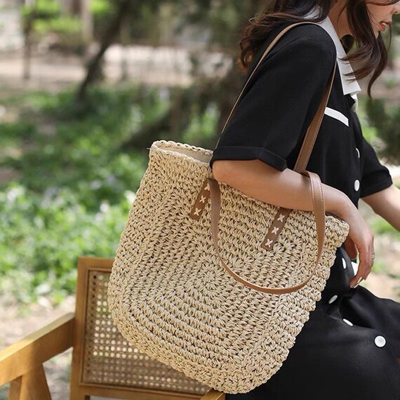 Rattan Woven Beach Tote Bag Large Capacity Woven Bag With 