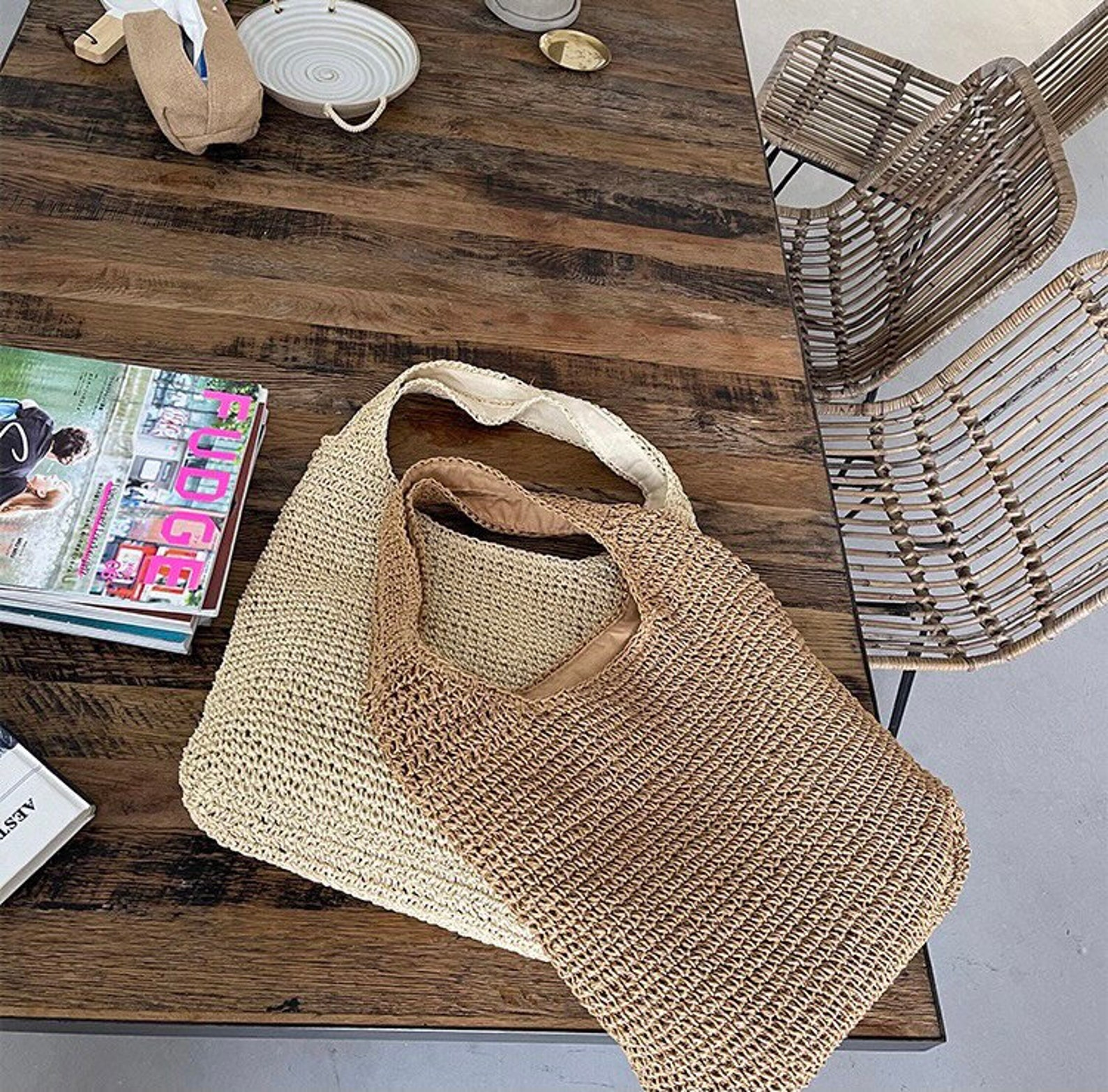Eco Rattan Woven Beach Bag Shoulder Bag Market Bag Tote Etsy
