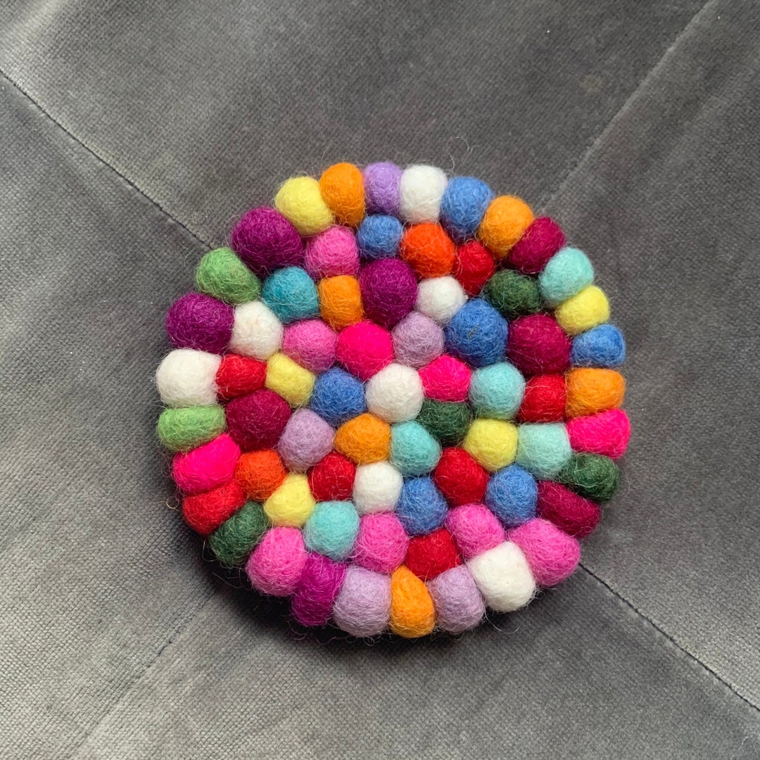 Handmade Rainbow Felt Ball Coasters Set Sustainable Coasters Etsy
