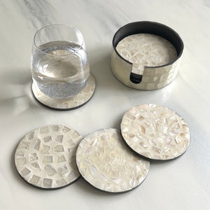 Round Sea Shell Coasters | Minimalist Round Coaster Set with Holder | Boho Natural Table Decor