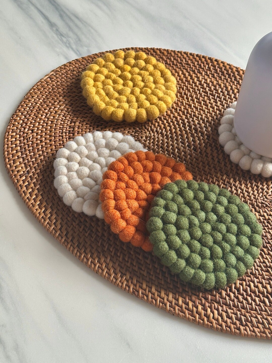 Colourful Handmade Wool Felt Ball Coasters Set Soft Round Coasters