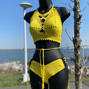 Swimwear crochet top and bottom set in yellow And black trim bottoms all handmade with love