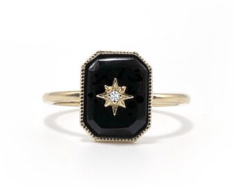 14K Solid Gold Northern star Ring, Black Onyx Engagement Ring, Emerald cut onyx ring, Vintage Onyx art deco ring, Celestial anniversary ring