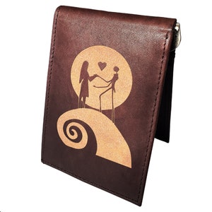 Pesadilla antes de Navidad cuero láser grabado grabado minimalista slim money clip negro RFID bloqueando carteras de bolsillo delanteros