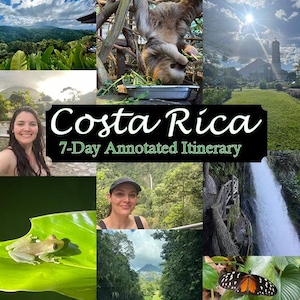 May include: A collage of images from a trip to Costa Rica. The images include a sloth hanging from a tree, a waterfall, a frog on a leaf, a woman in a forest, and a view of a volcano.