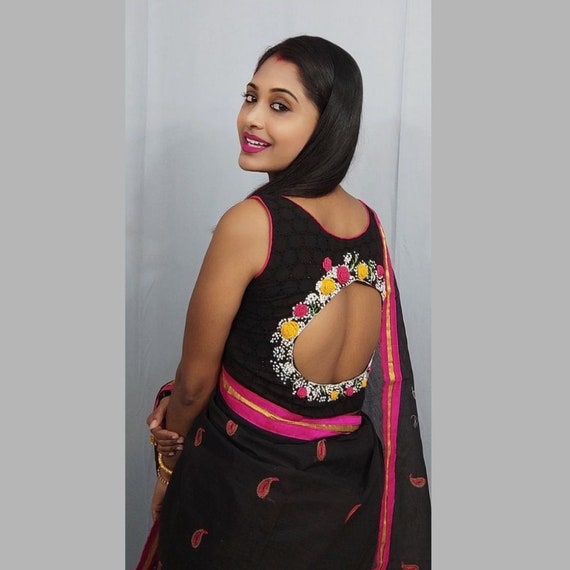 Buy Black Khadi Sleeveless Embroidery Blouse Saree Blouse Online in India -  Etsy