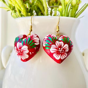 Wooden, Heart-shaped, Mexican Earrings with Hand Painted Floral Design.