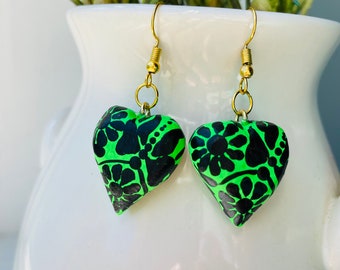 Wooden, Heart-shaped, Mexican Earrings with Hand Painted Floral Design.
