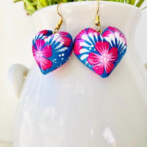 Wooden, Heart-shaped, Mexican Earrings with Hand Painted Floral Design.