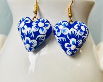Wooden Heart-shaped Mexican Earrings with Hand Painted Floral Design.