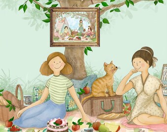 Op de afbeelding: Twee vriendinnen genieten van een picknick onder een boom met een kat, een mand met eten en een taart met aardbeien.