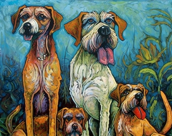 Garden Paws: A Whimsical Caricature of a Dog Family in a Blooming Garden