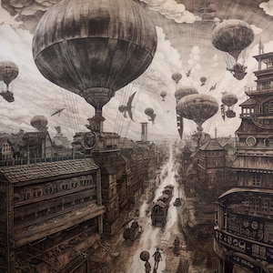 May include: A black and white illustration of a steampunk city with airships and buildings. The city is filled with intricate details and gears. The illustration is drawn in a detailed and realistic style.
