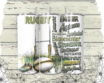 May include: A set of three white insulated tumblers with rugby-themed designs. One tumbler features the word "RUGBY" in green, while the others list rugby positions. The design includes a rugby ball, goal posts, and cleats.