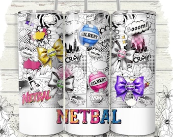 May include: Three white stainless steel tumblers with comic book-style graphics. Each tumbler features a different colored bow and a netball with the word "GILBERT". The word "NETBAL" is displayed in colorful letters at the bottom.