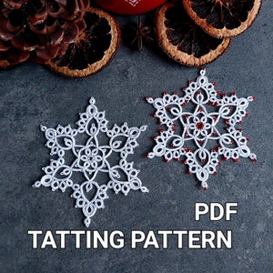 May include: Two white crocheted snowflakes with red beads, one larger than the other, on a gray background. The text "PDF TATTING PATTERN" is below the snowflakes.