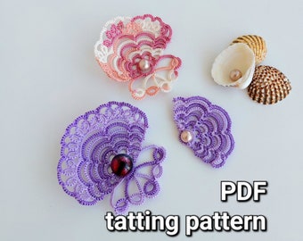 May include: Two purple and one pink tatting lace flowers with beads in the centre. The text "PDF tatting pattern" is below the flowers.