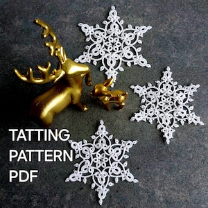 May include: Gold reindeer and bunny figurines with three white lace snowflakes on a dark grey surface. The text "TATTTING PATTERN PDF" is displayed in white. The snowflakes have intricate, detailed designs.