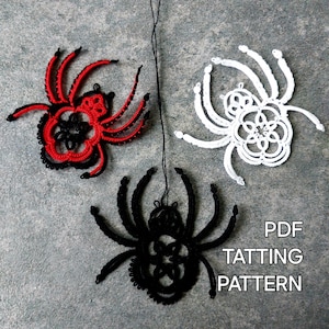May include: Three handmade tatting spider ornaments in red, white, and black, suspended against a grey background. The spiders have intricate lace-like designs. Text on the image reads "PDF TATTING PATTERN".