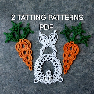 May include: A collection of handmade tatting patterns. The image features a white lace bunny and two orange carrots with green tops. The text "2 TATTTING PATTERNS PDF" is displayed at the top of the image.