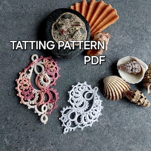 May include: Two tatting lace patterns, one white and one pink and white, on a gray background with seashells. The text "TATTING PATTERN PDF" is at the top of the image.