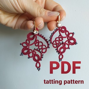 May include: A pair of red and black tatted earrings with a crystal accent. PDF tatting pattern.