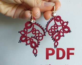 May include: A pair of red and black tatted earrings with a crystal accent. PDF tatting pattern.