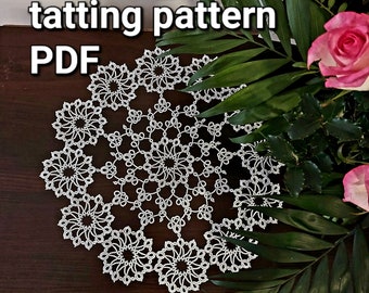 Tatting pattern PDF doily "Flower bud" for shuttle with photo-instruction for beginners