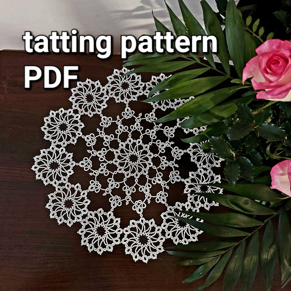 Tatting pattern PDF doily "Flower bud" for shuttle with photo-instruction for beginners