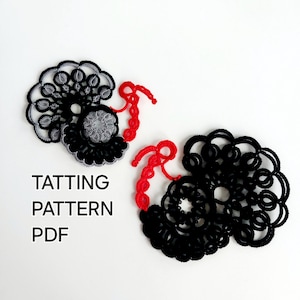 May include: Two handmade tatting lace designs in black, gray, and red. One design is a circular shape with a red accent, and the other is a more complex, layered design. The text "TATTTING PATTERN PDF" is displayed.