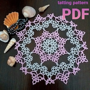 Può includere: Un delicato e intricato motivo di pizzo a fuselli in tonalità rosa e grigio. Il motivo è circolare e presenta un design ripetitivo di piccoli fiori e anelli. Il motivo è mostrato su una superficie di legno scuro con conchiglie e perline.