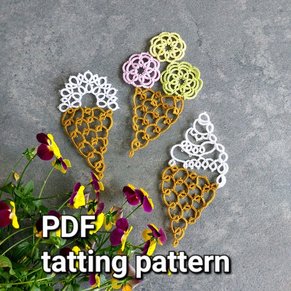 Tatting pattern PDF Ice cream by Frivolite con sabor for shuttle. Contain 3 patterns