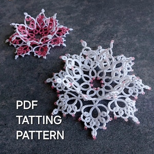May include: Two circular tatting lace ornaments featuring intricate knotted loops and small beads. One ornament is solid white with pink beads, and the other is a mix of white and pink thread. The text PDF TATTING PATTERN is visible.