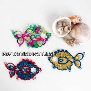 May include: Three crocheted fish in different colors. The fish are made with a tatting technique and are displayed on a white surface. The text "PDF TATTING PATTERN" is visible in the image.