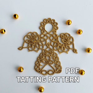 May include: Gold tatting angel ornament with a PDF pattern. The angel is made of delicate, intricate lacework and has a halo and wings.