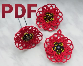 Tatting pattern PDF Poppy flower (brooch, earring, hairpin) for shuttle