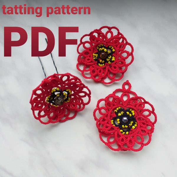 Patron de frivolité PDF Fleur de coquelicot (broche, boucle d'oreille, épingle à cheveux) pour navette