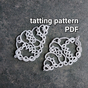 May include: Two white tatting lace patterns in the shape of a seashell. The image includes the text "tatting pattern PDF".