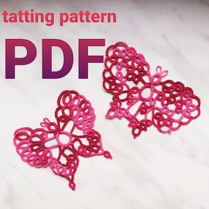 May include: Two pink and red crocheted butterflies, with intricate designs, on a white background. The text "tatting pattern PDF" is at the top of the image.